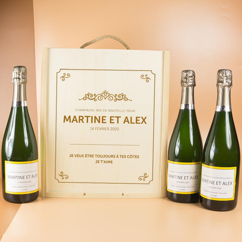 Coffret à vin + 2 coupes à champagne gravées en cadeau pour mariage ou  anniversaire